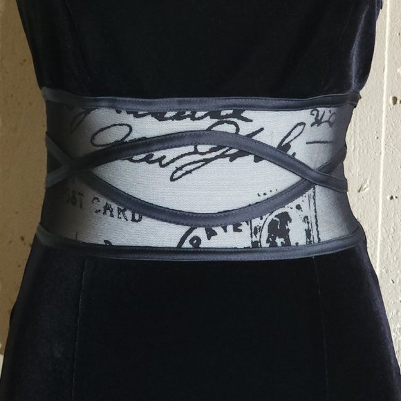 Vintage Black Velvet Mesh Panel Sleeveless Long Special Occasion Dress - Picture 5 of 12